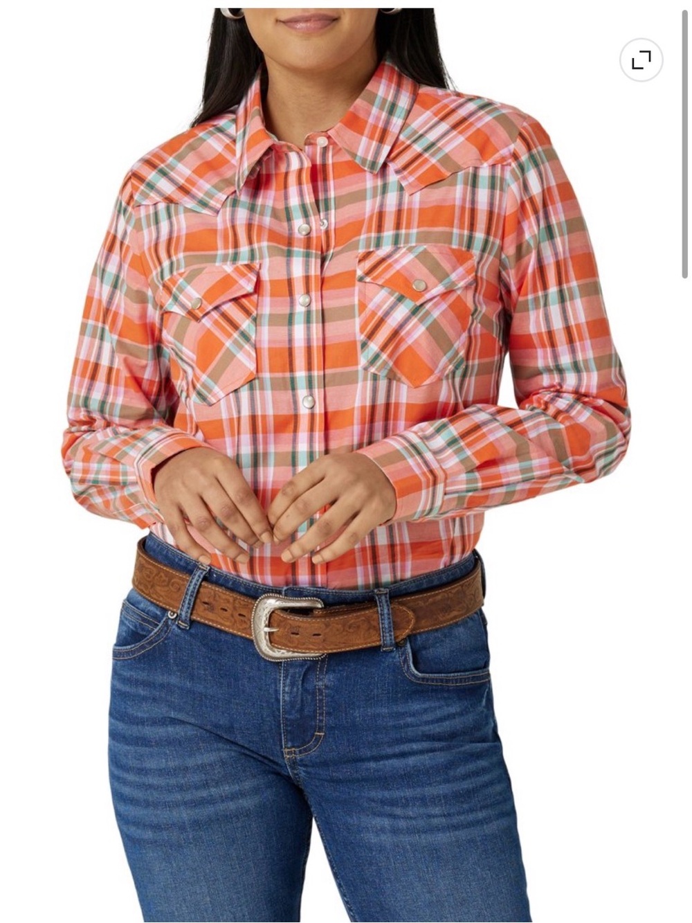 Wrangler Women’s Orange Plaid Western Button-Up Pearl Snap Shirt